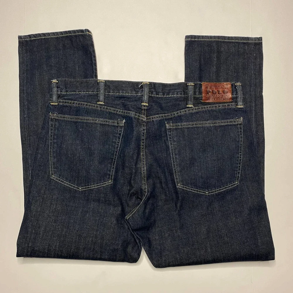 Relaxed Fit Polo Ralph Lauren Jeans Dark Wash Leather Logo Tab